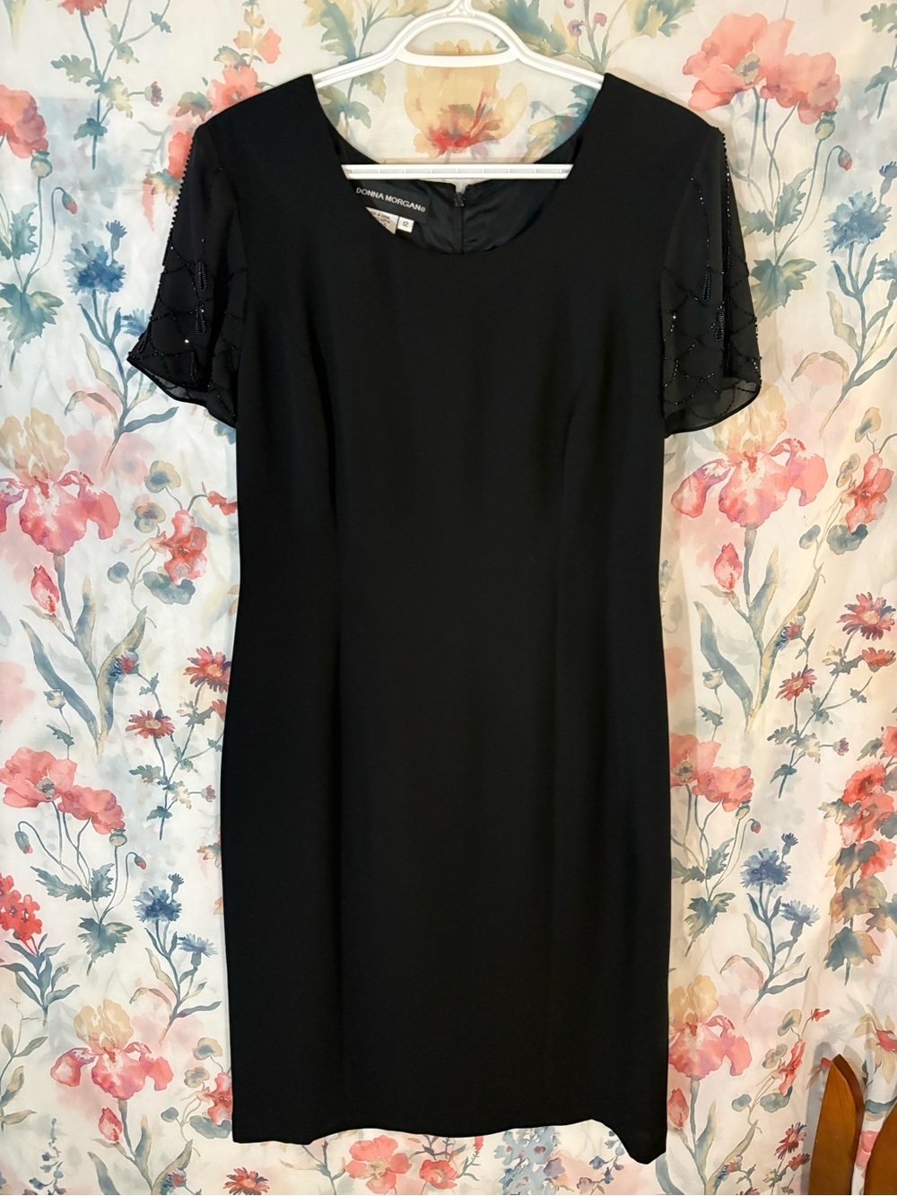 Vintage Donna Morgan Black Beaded Short Sleeve Midi Dress